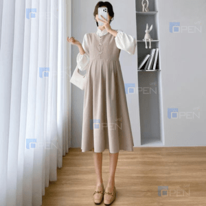 فستان ميدي زيتي أنيق بكم واسع