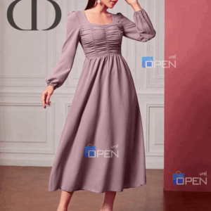 فستان أنثوي أنيق بأكمام طويلة وطابع كلاسيكي – لون موف ناع