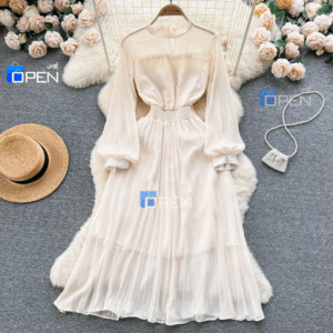 فستان شيفون أنيق بأكمام طويلة وطيات ناعمة – لون بيج فاتح