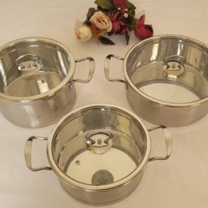 طقم قدور استانلس ستيل 3 قطع بغطاء زجاجي – تصميم عصري عملي ومتين