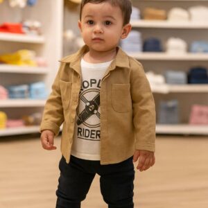 البيع بالجملة طقم أطفال عصري أنيق – جاكيت بيج + تيشيرت مطبوع + بنطال جينز