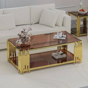 طاولة قهوة عصرية بزجاج ملون وإطار ذهبي فاخر
