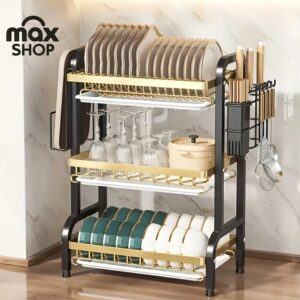 رف تجفيف الصحون الحديدي الأسود – 3 أدوار فوق الحوض متين، أنيق، ويوفر المساحة!