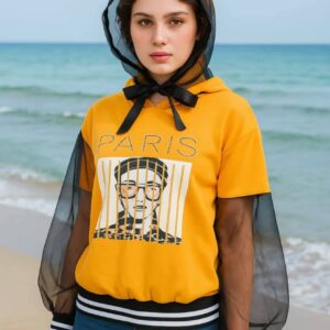 هودي نسائي عصري بلمسة باريسية – تصميم مبتكر بأكمام شيفون وطبعة أنيقة