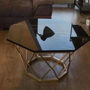 طاولة جانبية فاخرة بتصميم ثماني – سطح رخام جلاكسي أسود