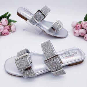 شبشب نسائي فضي بشريط مزدوج مضاد للانزلاق للتدليك ونعل لتقويم العظام