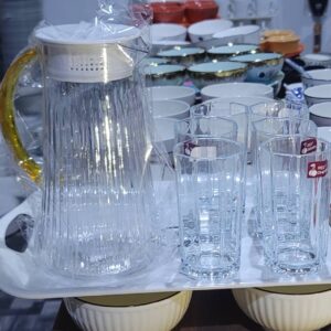 طقم اكواب العصير، مكون من 6 اكواب زجاج عصير جاك ضد الكسر صحن تقديم