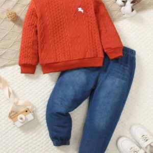 طقم ولادي بلوزة مطرز + بنطلون جينز بولو