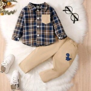 طقم كاجوال قميص مربع وبنطلون للأطفال الرضع مقاس: ٩ - ١٢ شهر