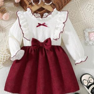 فستان قطيفة ياقة مكشكشة واكمام طويلة ومفتوحه. مقاس: ١٨ إلى ٢٤ شهر