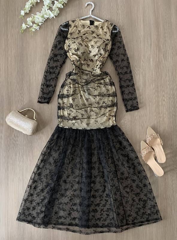 فستان انيق روعه تصميم روعه قماش تل مشجر